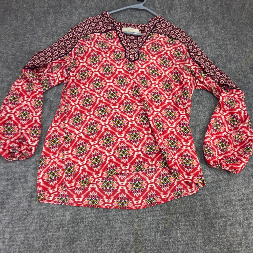 LOFT Geometric Ikat Print V-Neck Blouse Red Pink Size M